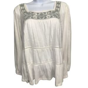 Lucky Brand Large Top White Embroidered Green Trim Lightweight Woven Square Neck